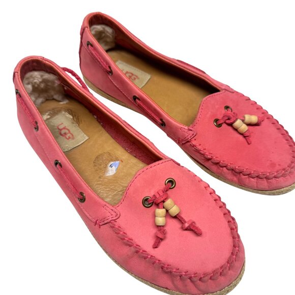 UGG Suzette Moccasin Flats Pink Nubuck Beaded Leather Lace Womens 8.5 Like New - Picture 4 of 10
